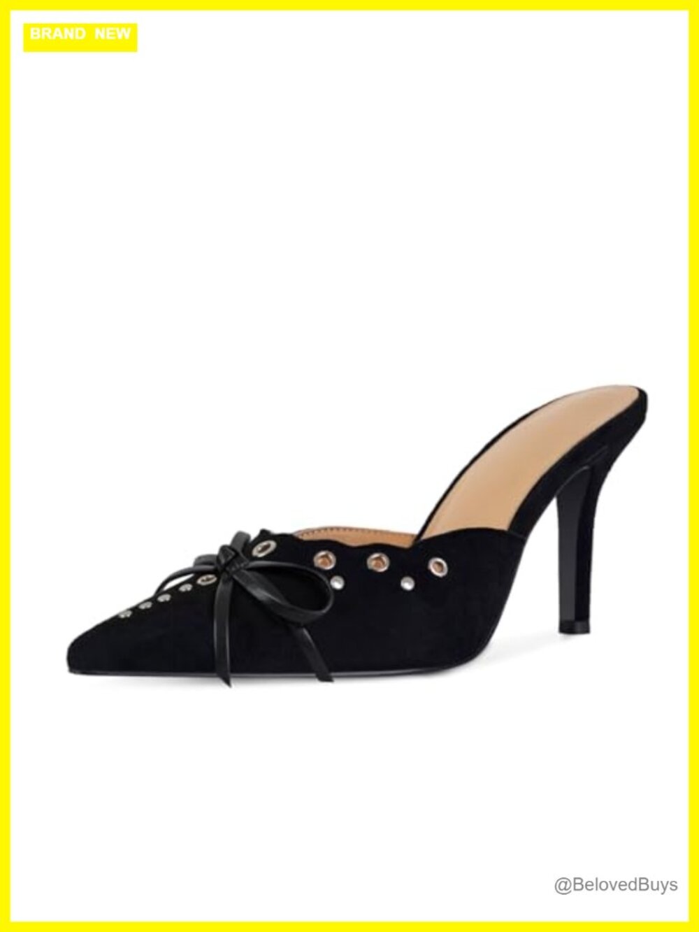 Studded Heeled Mules Suede Pointy Toe Bow Tie Slip On Pumps Women